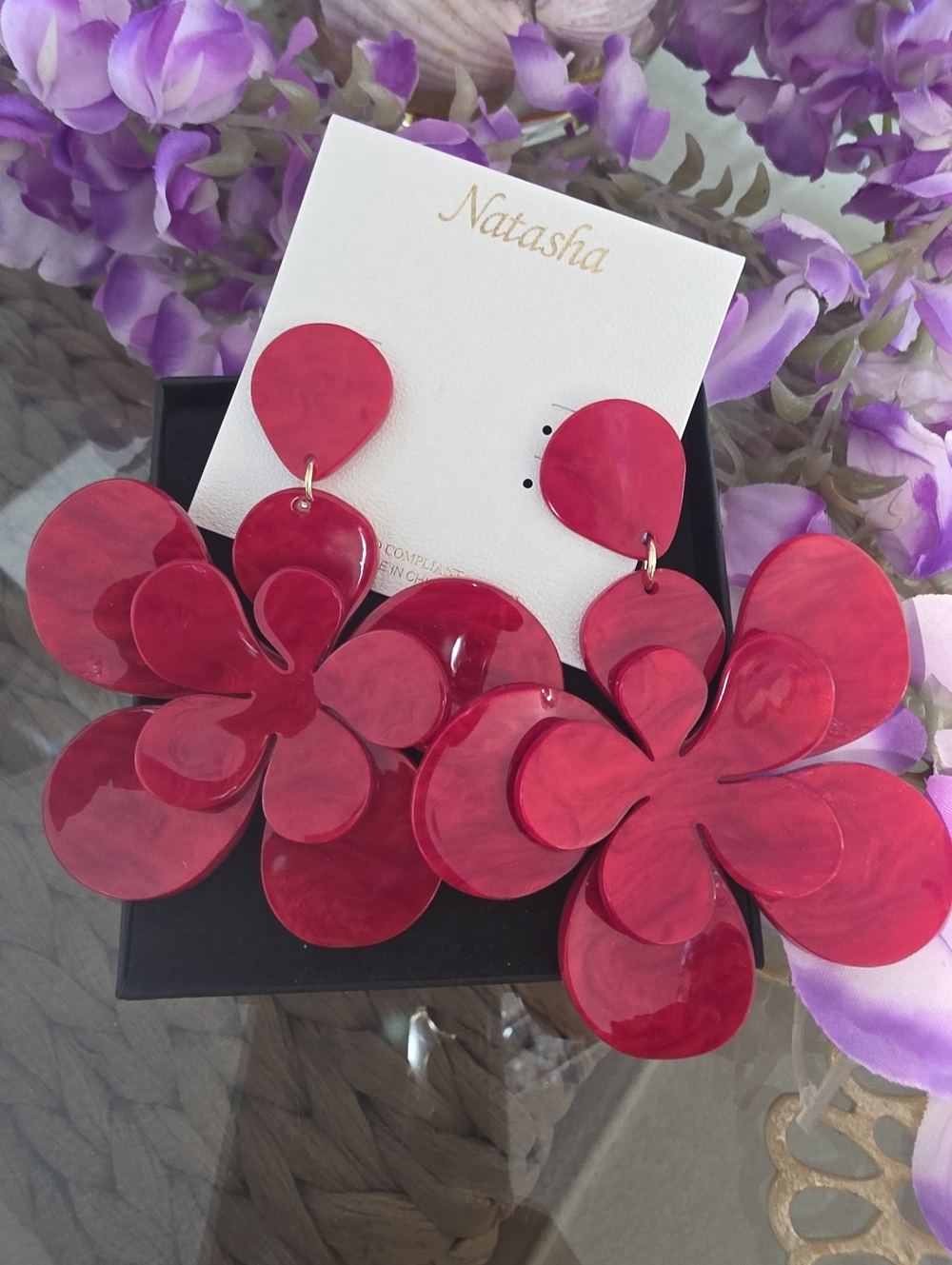 Natasha Couture  Red Floral Drop Earrings